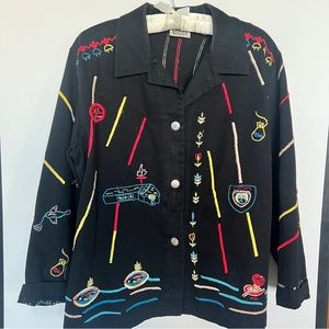 Chico's Embroidered Black Denim Jacket Size 3 (XL/16)